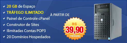 Hospedagem com 20 GB de Espa�o + Tr�fego ilimitado + Emails ilimitados por R$ 39,90 mensais.